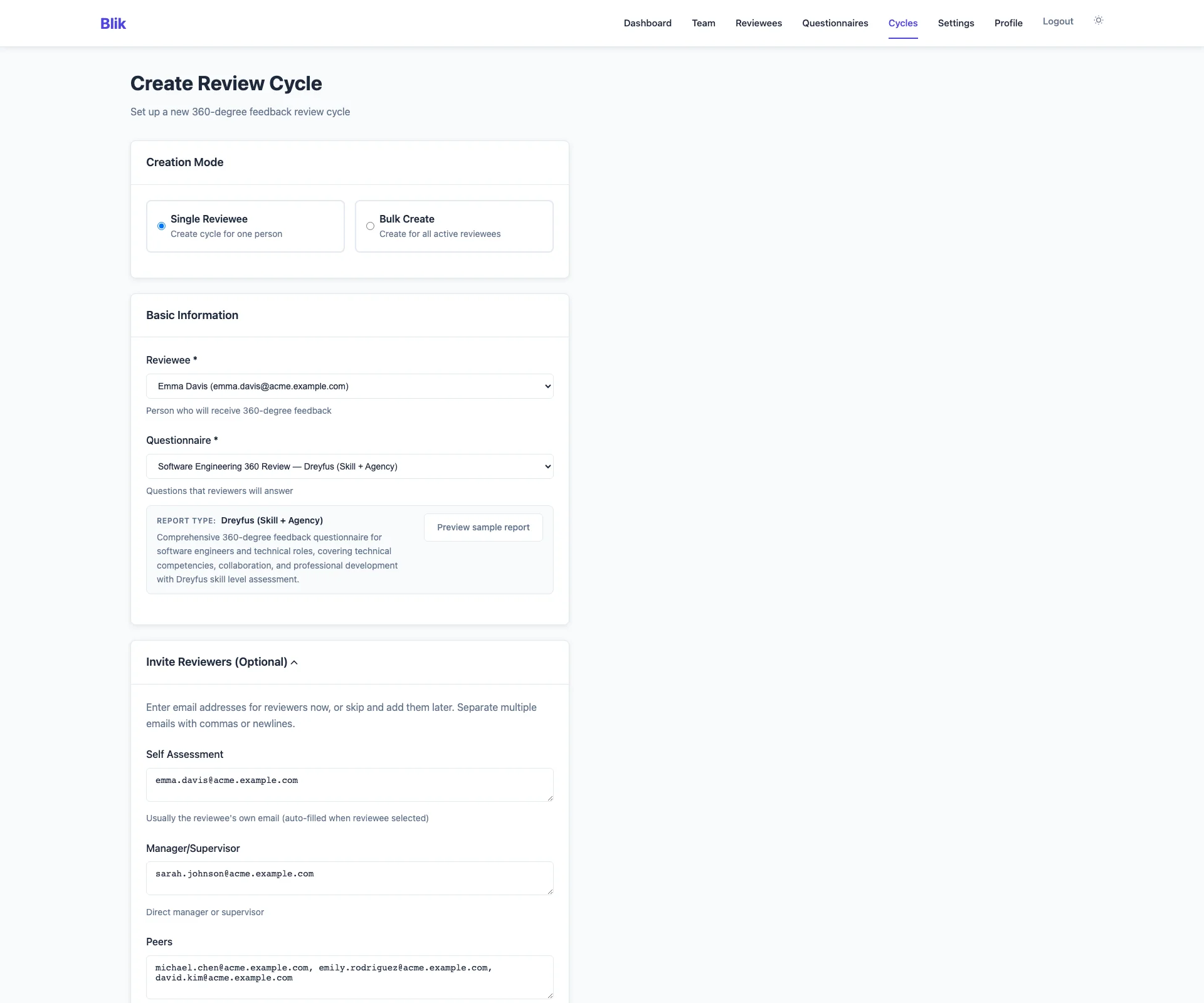 Creating a review round: reviewee, questionnaire and reviewer emails