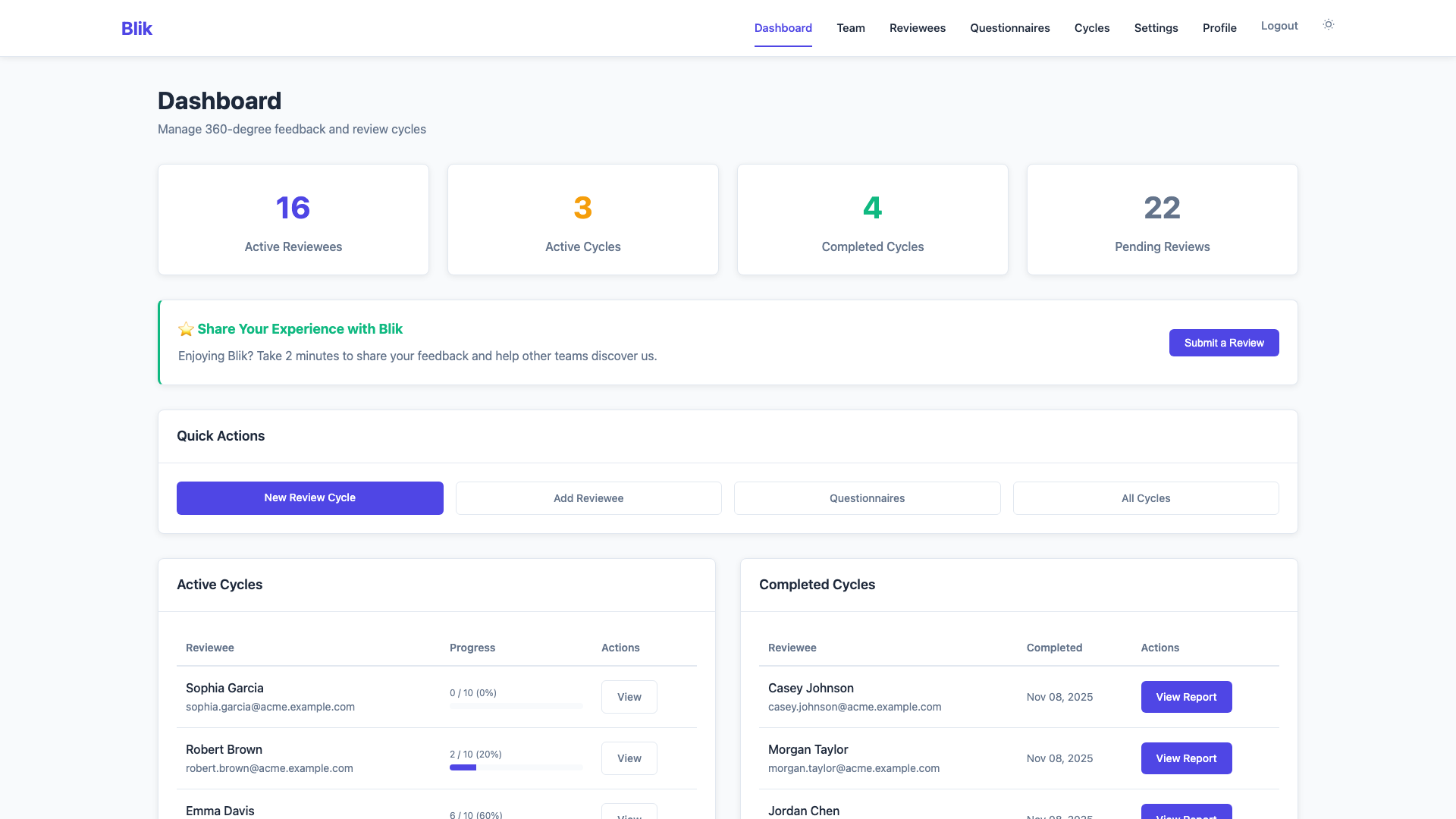 Self-hosted 360 feedback platform admin dashboard for managing review cycles and teams