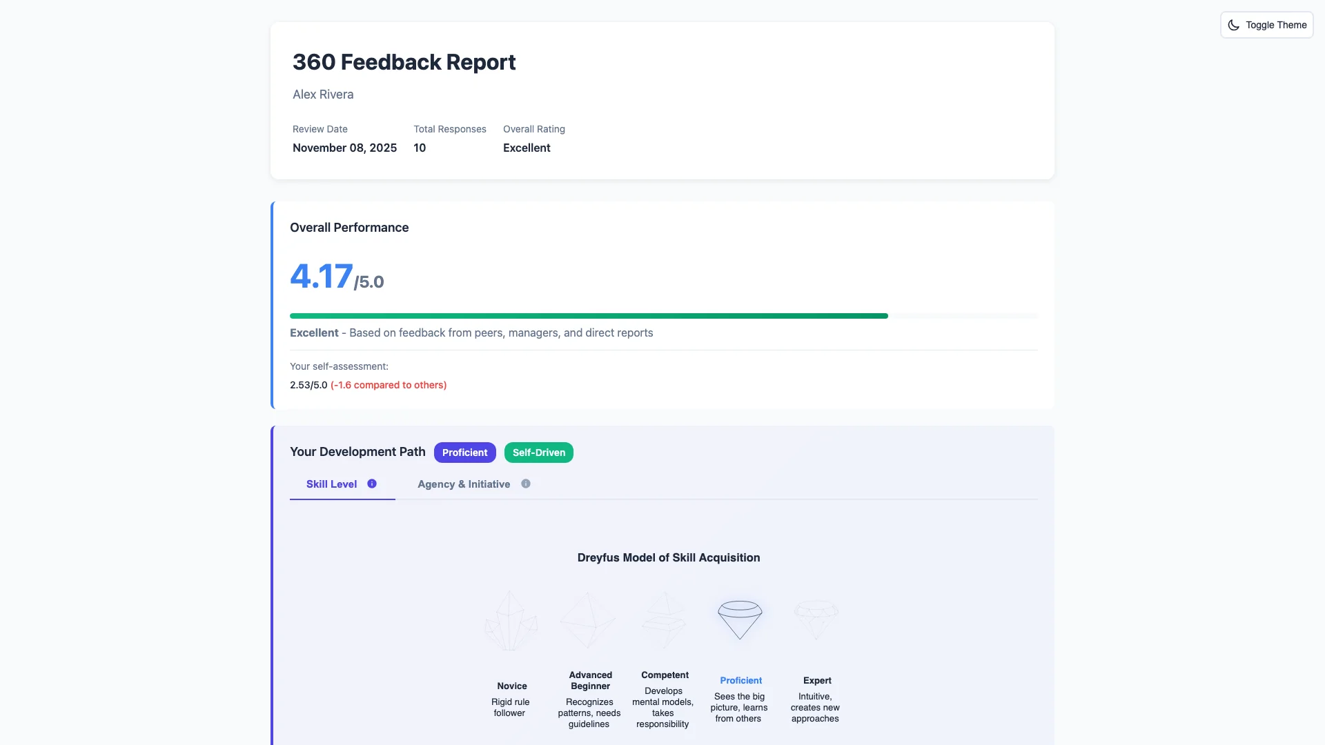 Report overview: overall score, self-assessment gap and skill level
