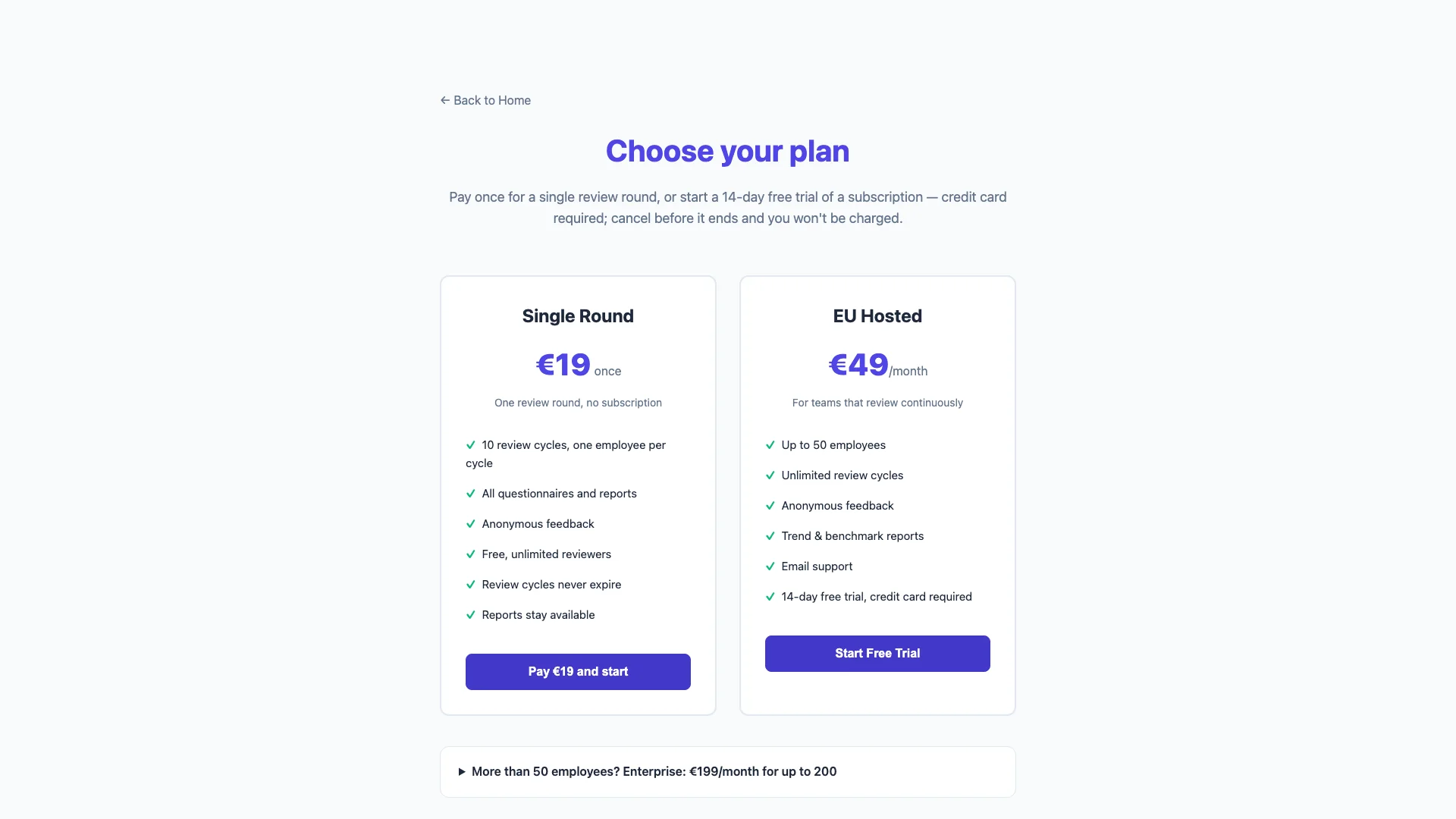 The Blik sign-up page with the plan choice